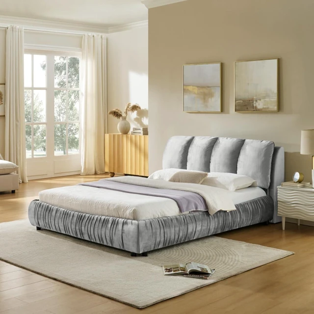 Alt view image 4 of 7 - Hassyee Queen Size Elegant Upholstered Platform Bed with Velvet Headboard, Modern Panel Bed Mattress Foundation with Wooden Slat Support for Adults Teens Master Bedroom Guest Room (Gray Queen)