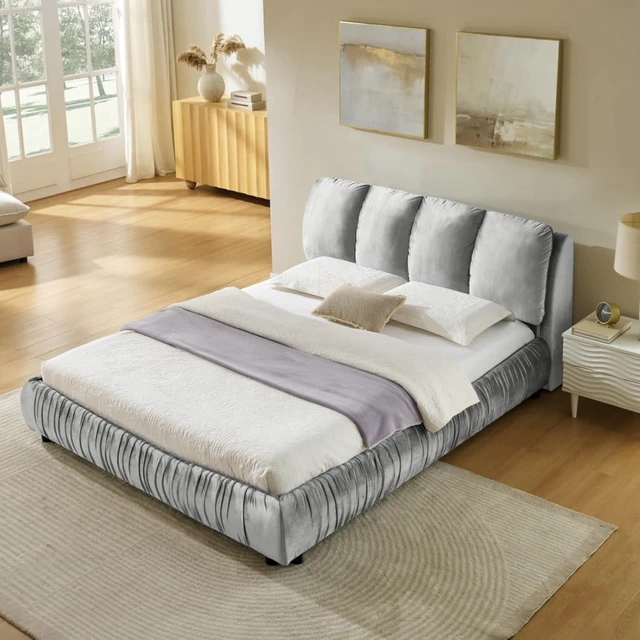 Alt view image 5 of 7 - Hassyee Queen Size Elegant Upholstered Platform Bed with Velvet Headboard, Modern Panel Bed Mattress Foundation with Wooden Slat Support for Adults Teens Master Bedroom Guest Room (Gray Queen)
