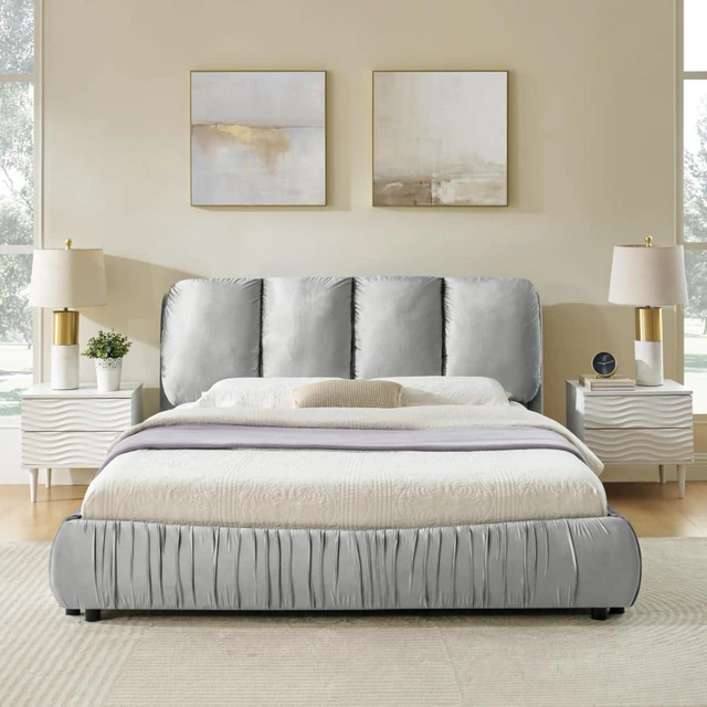 Alt view image 7 of 7 - Hassyee Queen Size Elegant Upholstered Platform Bed with Velvet Headboard, Modern Panel Bed Mattress Foundation with Wooden Slat Support for Adults Teens Master Bedroom Guest Room (Gray Queen)