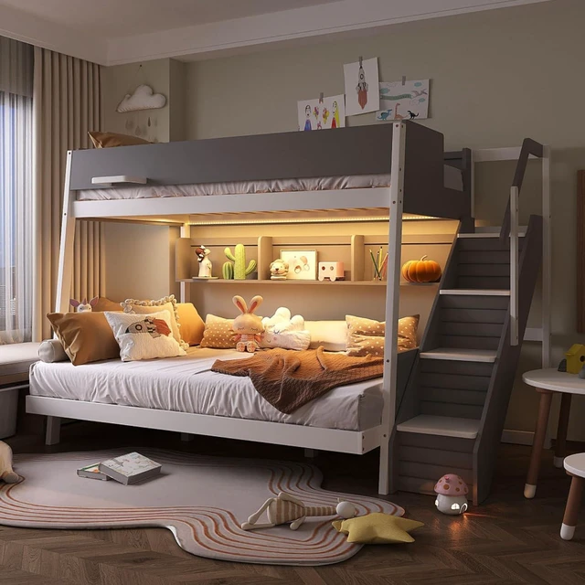 Alt view image 2 of 7 - Hassyee Wood Bunk Bed with LED Light, Staircase and Guard Rails, Modern Dorm Bed with Side Shelves and Slat Support, Storage Beds for Boys Girls Bedroom Shared Room Guest Room (Gray Twin Over Full)