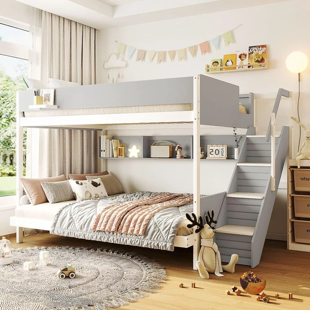 Main image of Hassyee Wood Bunk Bed with LED Light, Staircase and Guard Rails, Modern Dorm Bed with Side Shelves and Slat Support, Storage Beds for Boys Girls Bedroom Shared Room Guest Room (Gray Twin Over Full)