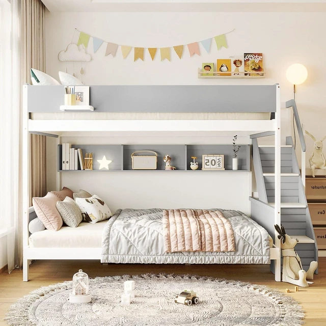 Alt view image 3 of 7 - Hassyee Wood Bunk Bed with LED Light, Staircase and Guard Rails, Modern Dorm Bed with Side Shelves and Slat Support, Storage Beds for Boys Girls Bedroom Shared Room Guest Room (Gray Twin Over Full)