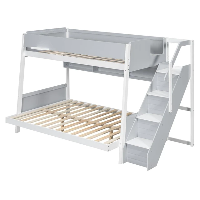 Alt view image 4 of 7 - Hassyee Wood Bunk Bed with LED Light, Staircase and Guard Rails, Modern Dorm Bed with Side Shelves and Slat Support, Storage Beds for Boys Girls Bedroom Shared Room Guest Room (Gray Twin Over Full)