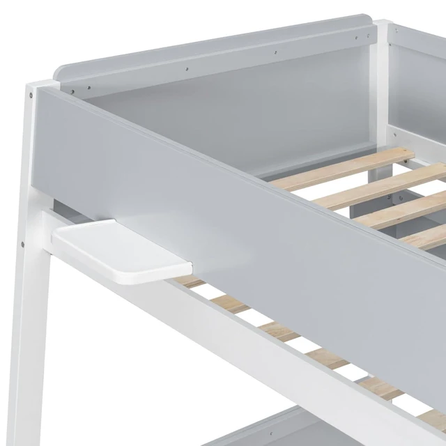 Alt view image 5 of 7 - Hassyee Wood Bunk Bed with LED Light, Staircase and Guard Rails, Modern Dorm Bed with Side Shelves and Slat Support, Storage Beds for Boys Girls Bedroom Shared Room Guest Room (Gray Twin Over Full)