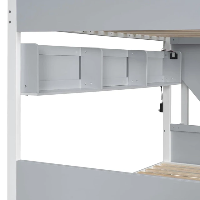 Alt view image 7 of 7 - Hassyee Wood Bunk Bed with LED Light, Staircase and Guard Rails, Modern Dorm Bed with Side Shelves and Slat Support, Storage Beds for Boys Girls Bedroom Shared Room Guest Room (Gray Twin Over Full)