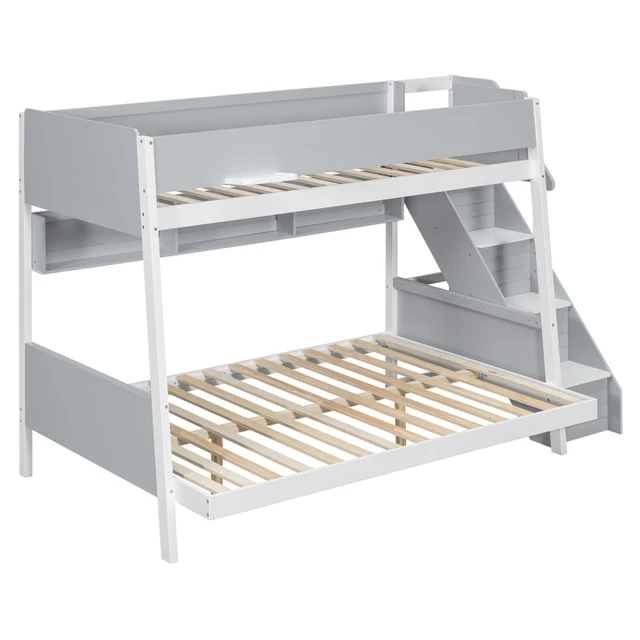Alt view image 6 of 7 - Hassyee Wood Bunk Bed with LED Light, Staircase and Guard Rails, Modern Dorm Bed with Side Shelves and Slat Support, Storage Beds for Boys Girls Bedroom Shared Room Guest Room (Gray Twin Over Full)