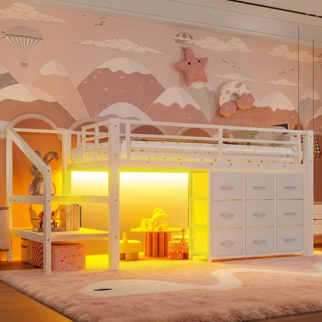 Main image of Hassyee Twin Size Low Loft Bed with Staircase and Full-Length Guardrail, Dorm Bed with Storage Shelves, Lights and Under-Bed Spaces, for Boys Girls Teens Room Playroom Bedroom (White Twin)