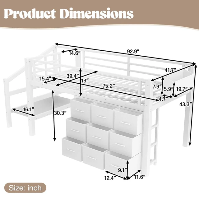 Alt view image 2 of 7 - Hassyee Twin Size Low Loft Bed with Staircase and Full-Length Guardrail, Dorm Bed with Storage Shelves, Lights and Under-Bed Spaces, for Boys Girls Teens Room Playroom Bedroom (White Twin)