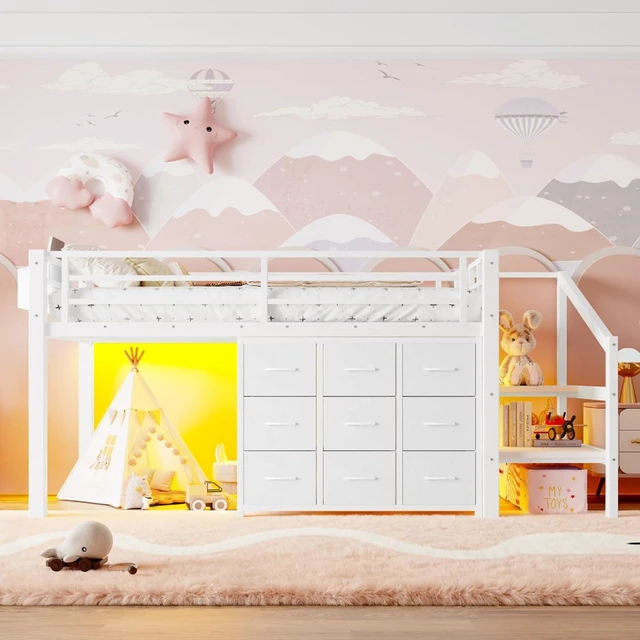 Alt view image 4 of 7 - Hassyee Twin Size Low Loft Bed with Staircase and Full-Length Guardrail, Dorm Bed with Storage Shelves, Lights and Under-Bed Spaces, for Boys Girls Teens Room Playroom Bedroom (White Twin)