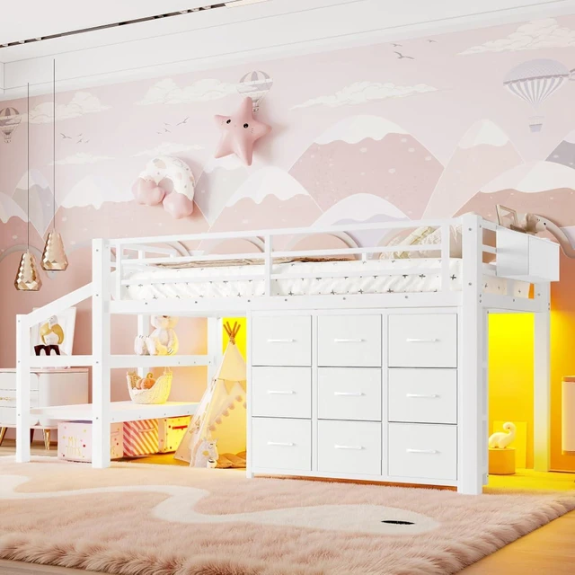 Alt view image 3 of 7 - Hassyee Twin Size Low Loft Bed with Staircase and Full-Length Guardrail, Dorm Bed with Storage Shelves, Lights and Under-Bed Spaces, for Boys Girls Teens Room Playroom Bedroom (White Twin)