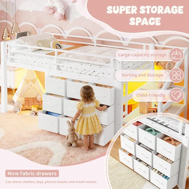 Alt view image 6 of 7 - Hassyee Twin Size Low Loft Bed with Staircase and Full-Length Guardrail, Dorm Bed with Storage Shelves, Lights and Under-Bed Spaces, for Boys Girls Teens Room Playroom Bedroom (White Twin)