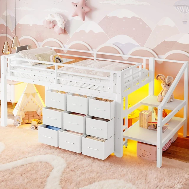 Alt view image 5 of 7 - Hassyee Twin Size Low Loft Bed with Staircase and Full-Length Guardrail, Dorm Bed with Storage Shelves, Lights and Under-Bed Spaces, for Boys Girls Teens Room Playroom Bedroom (White Twin)