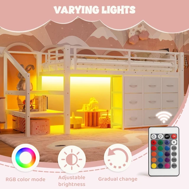 Alt view image 7 of 7 - Hassyee Twin Size Low Loft Bed with Staircase and Full-Length Guardrail, Dorm Bed with Storage Shelves, Lights and Under-Bed Spaces, for Boys Girls Teens Room Playroom Bedroom (White Twin)