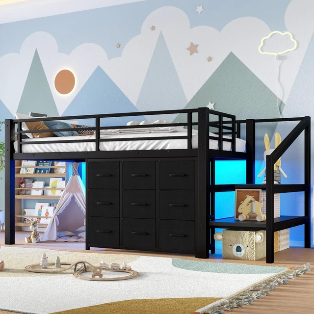 Alt view image 3 of 7 - Hassyee Twin Size Low Loft Bed with Staircase and Full-Length Guardrail, Dorm Bed with Storage Shelves, Lights and Under-Bed Spaces, for Boys Girls Teens Room Playroom Bedroom (Black Twin)