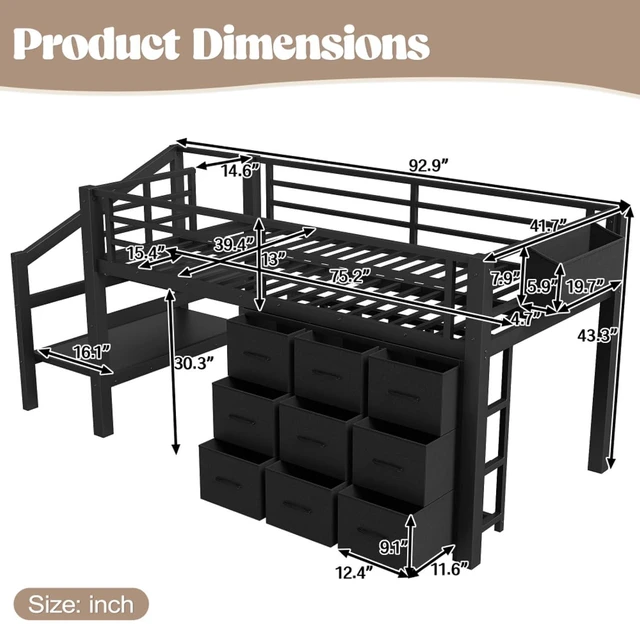 Alt view image 2 of 7 - Hassyee Twin Size Low Loft Bed with Staircase and Full-Length Guardrail, Dorm Bed with Storage Shelves, Lights and Under-Bed Spaces, for Boys Girls Teens Room Playroom Bedroom (Black Twin)