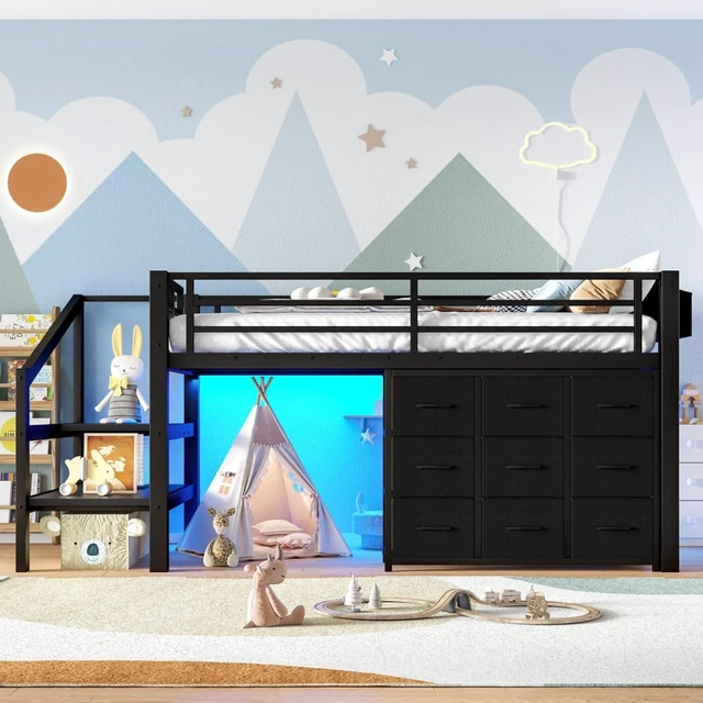 Alt view image 4 of 7 - Hassyee Twin Size Low Loft Bed with Staircase and Full-Length Guardrail, Dorm Bed with Storage Shelves, Lights and Under-Bed Spaces, for Boys Girls Teens Room Playroom Bedroom (Black Twin)