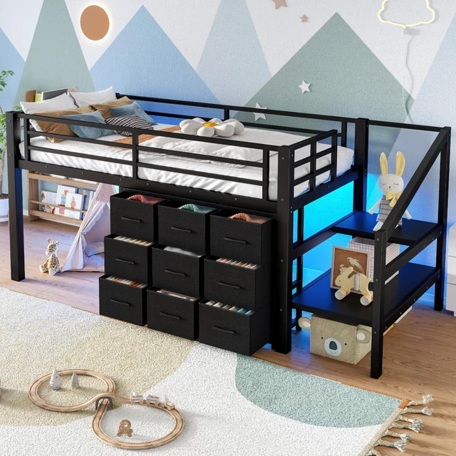 Alt view image 5 of 7 - Hassyee Twin Size Low Loft Bed with Staircase and Full-Length Guardrail, Dorm Bed with Storage Shelves, Lights and Under-Bed Spaces, for Boys Girls Teens Room Playroom Bedroom (Black Twin)