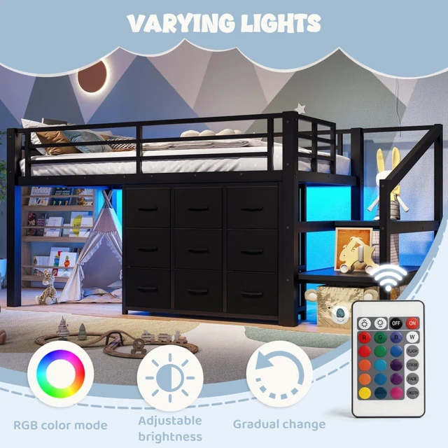 Alt view image 6 of 7 - Hassyee Twin Size Low Loft Bed with Staircase and Full-Length Guardrail, Dorm Bed with Storage Shelves, Lights and Under-Bed Spaces, for Boys Girls Teens Room Playroom Bedroom (Black Twin)