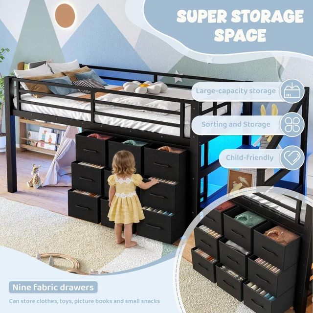 Alt view image 7 of 7 - Hassyee Twin Size Low Loft Bed with Staircase and Full-Length Guardrail, Dorm Bed with Storage Shelves, Lights and Under-Bed Spaces, for Boys Girls Teens Room Playroom Bedroom (Black Twin)