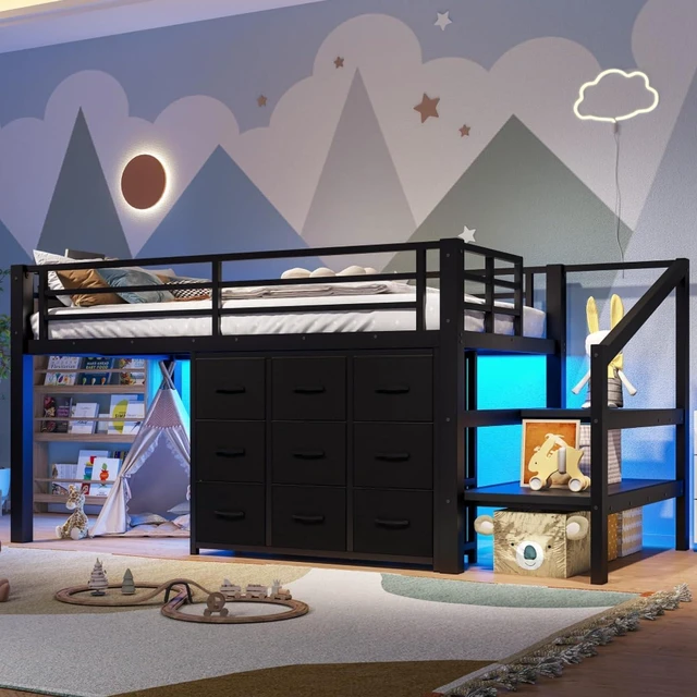 Main image of Hassyee Twin Size Low Loft Bed with Staircase and Full-Length Guardrail, Dorm Bed with Storage Shelves, Lights and Under-Bed Spaces, for Boys Girls Teens Room Playroom Bedroom (Black Twin)