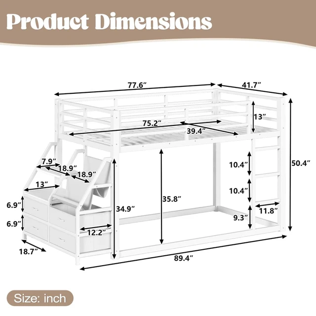 Alt view image 2 of 7 - Twin Over Twin Bunk Bed with Storage Shelves and Drawers, Metal Loft Bed with Ladder and Guard Rails, Dorm Beds with LED Lights and Slat Support for Teens Bedroom Playroom (White Twin over Twin)