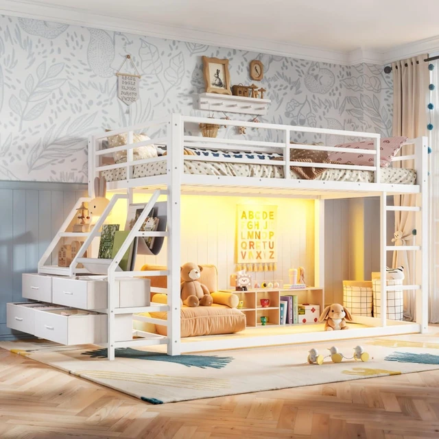 Alt view image 3 of 7 - Twin Over Twin Bunk Bed with Storage Shelves and Drawers, Metal Loft Bed with Ladder and Guard Rails, Dorm Beds with LED Lights and Slat Support for Teens Bedroom Playroom (White Twin over Twin)
