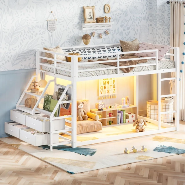 Alt view image 4 of 7 - Twin Over Twin Bunk Bed with Storage Shelves and Drawers, Metal Loft Bed with Ladder and Guard Rails, Dorm Beds with LED Lights and Slat Support for Teens Bedroom Playroom (White Twin over Twin)