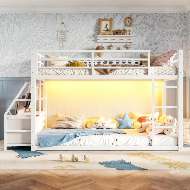 Alt view image 5 of 7 - Twin Over Twin Bunk Bed with Storage Shelves and Drawers, Metal Loft Bed with Ladder and Guard Rails, Dorm Beds with LED Lights and Slat Support for Teens Bedroom Playroom (White Twin over Twin)