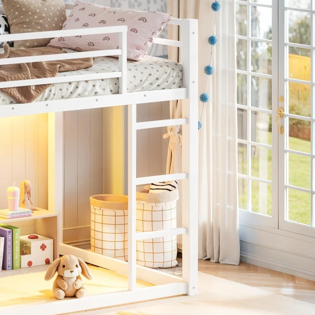 Alt view image 6 of 7 - Twin Over Twin Bunk Bed with Storage Shelves and Drawers, Metal Loft Bed with Ladder and Guard Rails, Dorm Beds with LED Lights and Slat Support for Teens Bedroom Playroom (White Twin over Twin)