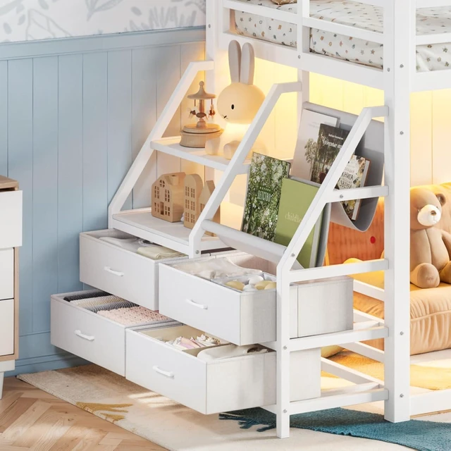 Alt view image 7 of 7 - Twin Over Twin Bunk Bed with Storage Shelves and Drawers, Metal Loft Bed with Ladder and Guard Rails, Dorm Beds with LED Lights and Slat Support for Teens Bedroom Playroom (White Twin over Twin)