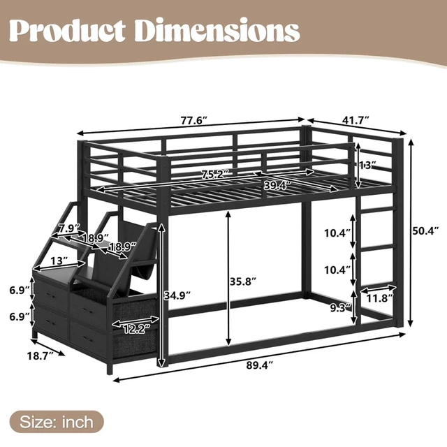 Alt view image 2 of 7 - Twin Over Twin Bunk Bed with Storage Shelves and Drawers, Metal Loft Bed with Ladder and Guard Rails, Dorm Beds with LED Lights and Slat Support for Teens Bedroom Playroom (Black Twin over Twin)