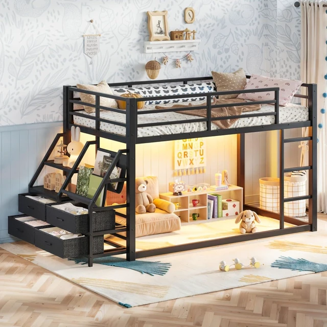 Alt view image 3 of 7 - Twin Over Twin Bunk Bed with Storage Shelves and Drawers, Metal Loft Bed with Ladder and Guard Rails, Dorm Beds with LED Lights and Slat Support for Teens Bedroom Playroom (Black Twin over Twin)