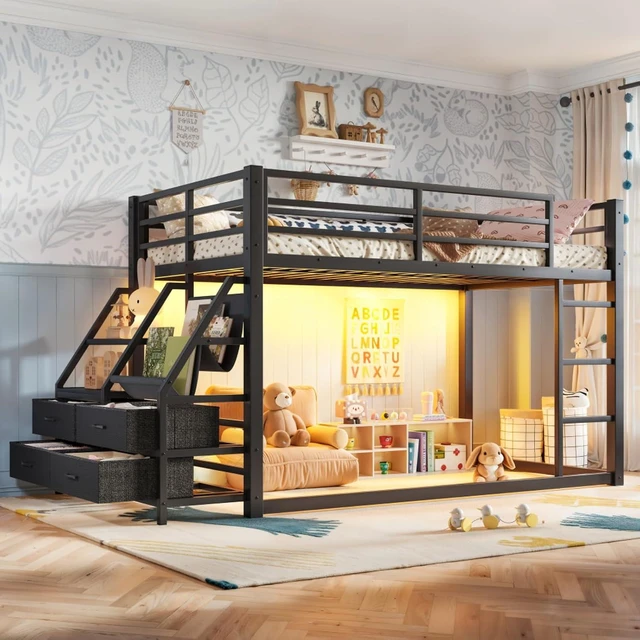 Alt view image 4 of 7 - Twin Over Twin Bunk Bed with Storage Shelves and Drawers, Metal Loft Bed with Ladder and Guard Rails, Dorm Beds with LED Lights and Slat Support for Teens Bedroom Playroom (Black Twin over Twin)