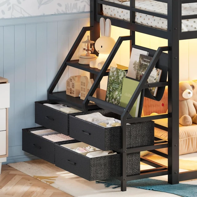 Alt view image 6 of 7 - Twin Over Twin Bunk Bed with Storage Shelves and Drawers, Metal Loft Bed with Ladder and Guard Rails, Dorm Beds with LED Lights and Slat Support for Teens Bedroom Playroom (Black Twin over Twin)