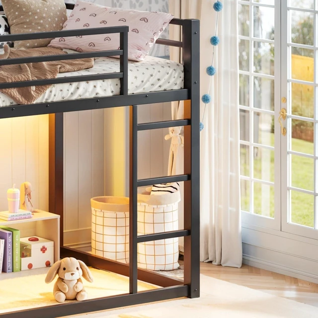 Alt view image 7 of 7 - Twin Over Twin Bunk Bed with Storage Shelves and Drawers, Metal Loft Bed with Ladder and Guard Rails, Dorm Beds with LED Lights and Slat Support for Teens Bedroom Playroom (Black Twin over Twin)