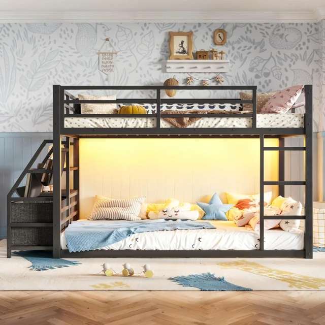 Alt view image 5 of 7 - Twin Over Twin Bunk Bed with Storage Shelves and Drawers, Metal Loft Bed with Ladder and Guard Rails, Dorm Beds with LED Lights and Slat Support for Teens Bedroom Playroom (Black Twin over Twin)