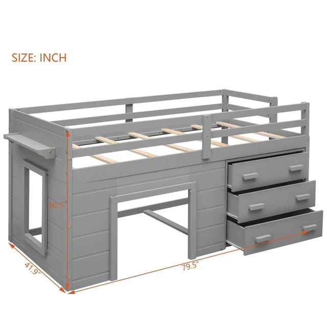 Alt view image 2 of 7 - Hassyee Twin Size Solid Wood Loft Bed with Full-Length Guardrail and Ladder, Dorm Bed with 3 Storage Drawers and Shelf, Sturdy Space Saving Bedroom Furniture for Boys Girls Teens Room Playroom