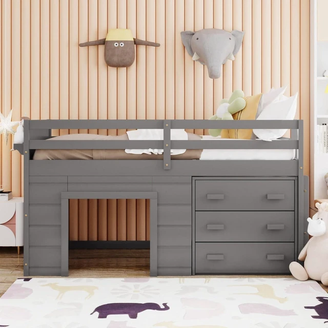 Alt view image 3 of 7 - Hassyee Twin Size Solid Wood Loft Bed with Full-Length Guardrail and Ladder, Dorm Bed with 3 Storage Drawers and Shelf, Sturdy Space Saving Bedroom Furniture for Boys Girls Teens Room Playroom