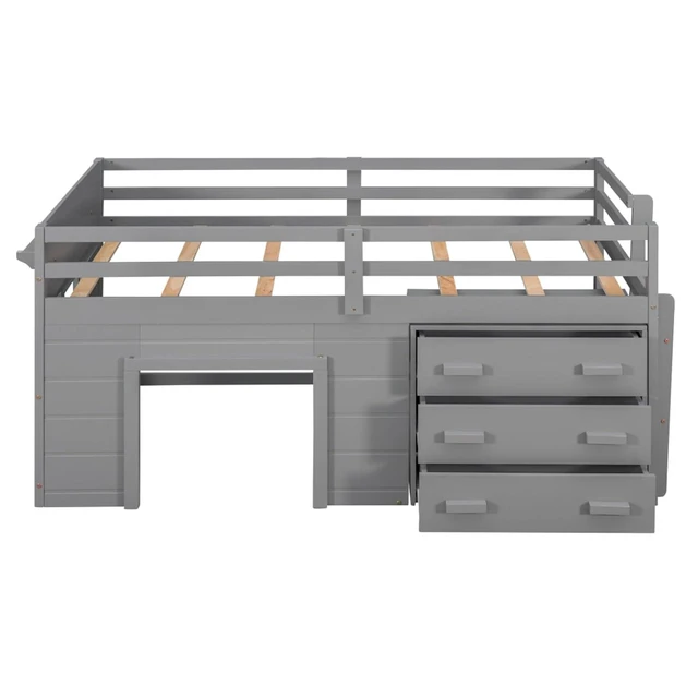 Alt view image 4 of 7 - Hassyee Twin Size Solid Wood Loft Bed with Full-Length Guardrail and Ladder, Dorm Bed with 3 Storage Drawers and Shelf, Sturdy Space Saving Bedroom Furniture for Boys Girls Teens Room Playroom