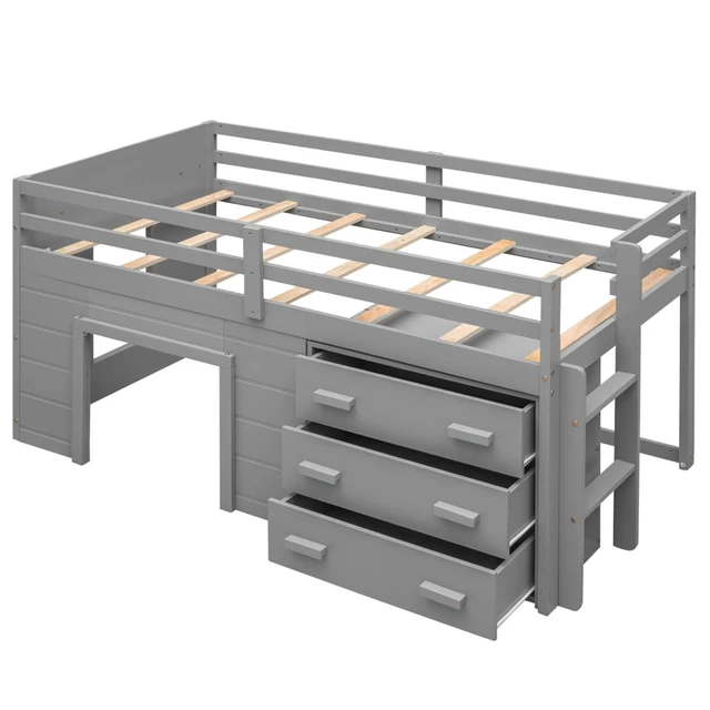 Alt view image 5 of 7 - Hassyee Twin Size Solid Wood Loft Bed with Full-Length Guardrail and Ladder, Dorm Bed with 3 Storage Drawers and Shelf, Sturdy Space Saving Bedroom Furniture for Boys Girls Teens Room Playroom