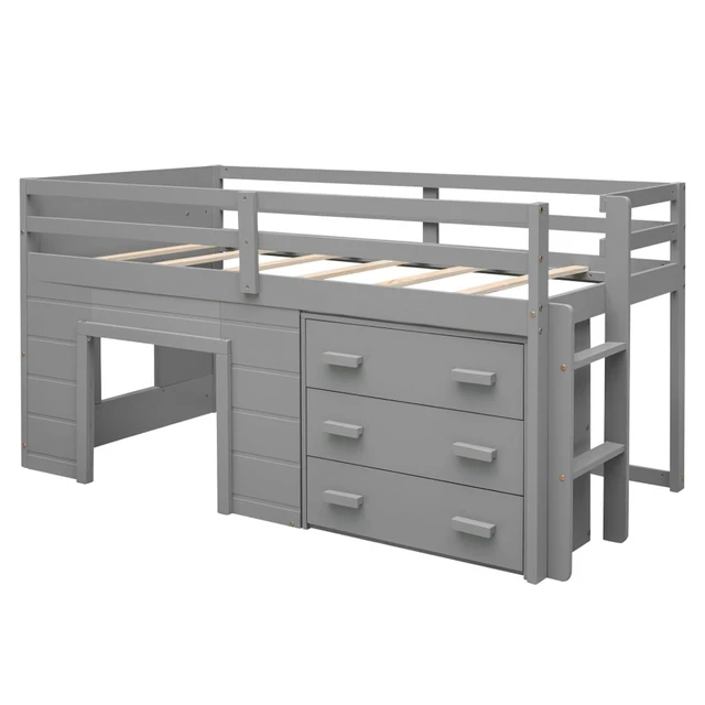 Alt view image 6 of 7 - Hassyee Twin Size Solid Wood Loft Bed with Full-Length Guardrail and Ladder, Dorm Bed with 3 Storage Drawers and Shelf, Sturdy Space Saving Bedroom Furniture for Boys Girls Teens Room Playroom