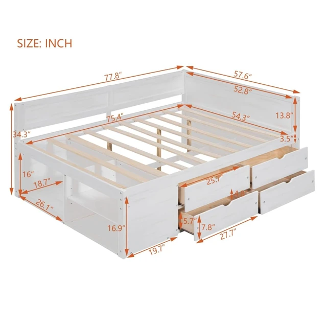 Alt view image 2 of 7 - Hassyee Full Size Daybed with 4 Drawers and Storage Shelves, Solid Wood Platform Bed with Slat Support, Captain's Beds for Teens Guest Room Apartment Bedroom, No Box Spring Needed