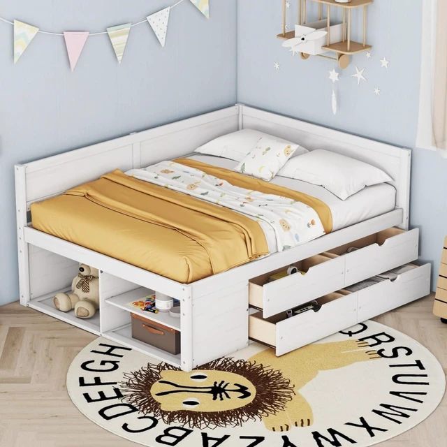 Main image of Hassyee Full Size Daybed with 4 Drawers and Storage Shelves, Solid Wood Platform Bed with Slat Support, Captain's Beds for Teens Guest Room Apartment Bedroom, No Box Spring Needed