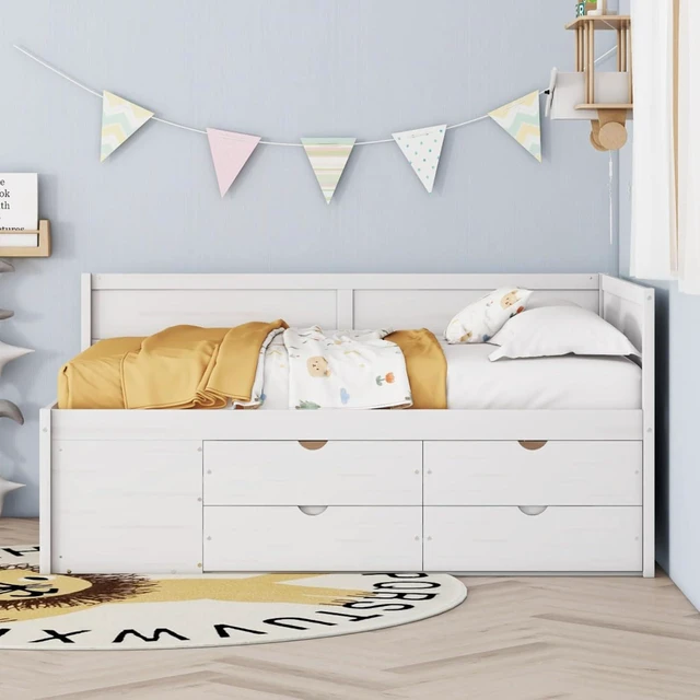 Alt view image 3 of 7 - Hassyee Full Size Daybed with 4 Drawers and Storage Shelves, Solid Wood Platform Bed with Slat Support, Captain's Beds for Teens Guest Room Apartment Bedroom, No Box Spring Needed