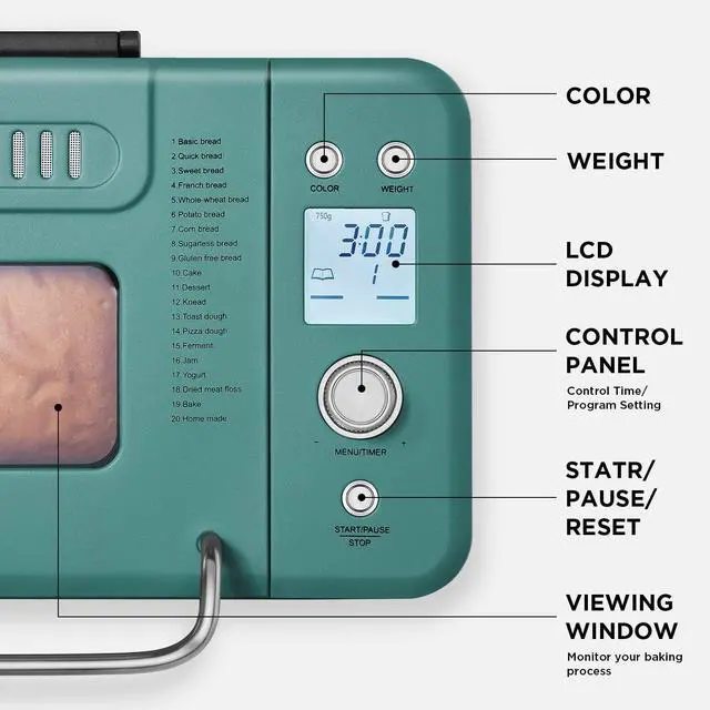Alt view image 6 of 7 - 20-in-1 2LB Bread Maker Metal Bread Machine with Dual Heater, Green