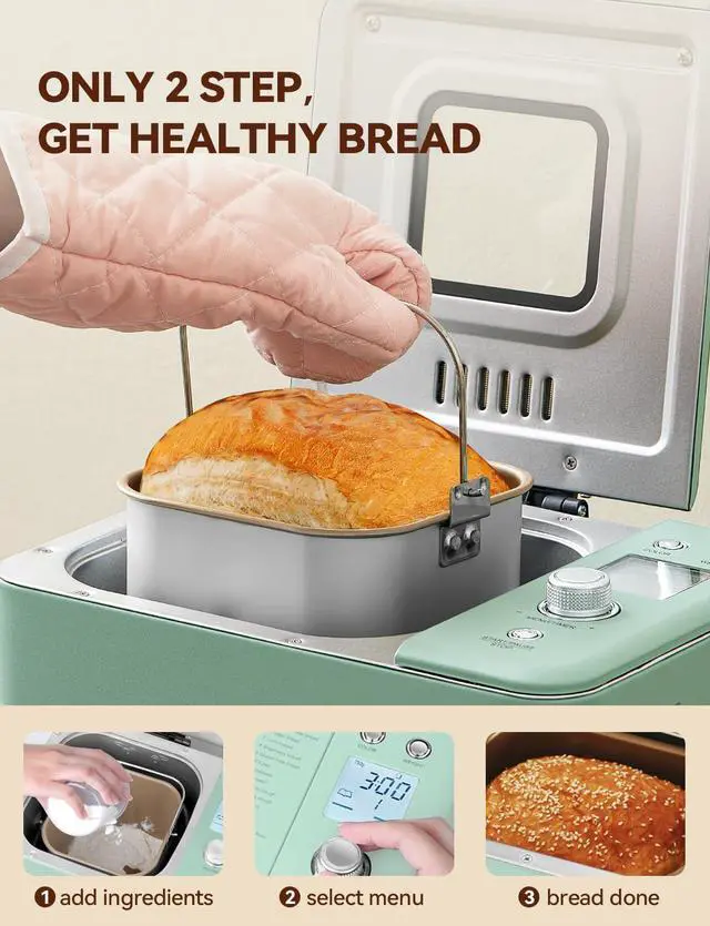 Alt view image 4 of 6 - Bread Maker 20-in-1 2LB Bread Machine with Dual Heater, Light Green