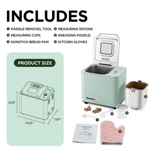 Alt view image 6 of 6 - Bread Maker 20-in-1 2LB Bread Machine with Dual Heater, Light Green