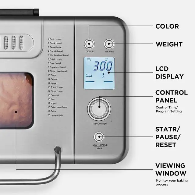 Alt view image 7 of 7 - 20-in-1 2LB Bread Maker Metal Bread Machine with Dual Heater-Silver