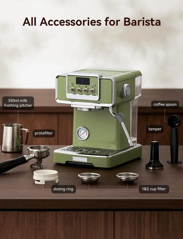 Alt view image 7 of 7 - Professional Retro Espresso Machine with 58mm Portafilter, Green