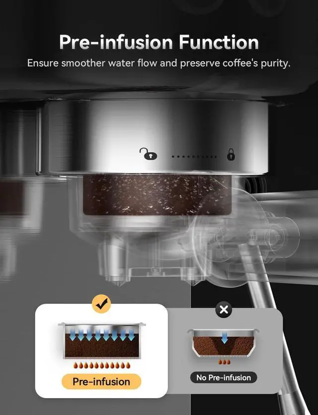 Alt view image 3 of 7 - Super Compact Espresso Maker Stainless Steel Professional Coffee Machine Espresso & 2 in 1 Professional Espresso Grinder